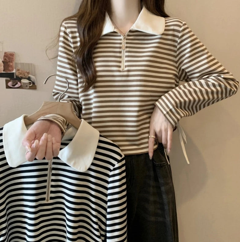 Women's Autumn Polo Shirt 2026 Striped Long Sleeve Drawstring Teddy Bear Collar Slimming T-Shirt