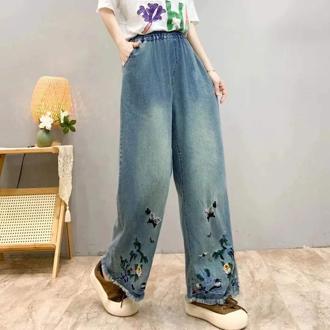 Spring Summer Ethnic Style Vintage Floral Embroidery Denim Wide Leg Pants Women High Elastic Waist Hole Casual Straight Jeans