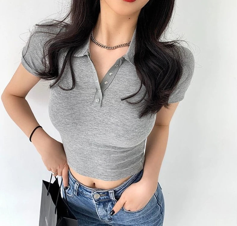 Polo Neck Shirt for Women Sexy Woman T Coquette Clothes Plain 100℅ Cotton Button Slim Korean Style with Collar Pretty Cheap Tops