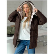 Brown Hooded Quilted Cotton Jacket Fashion Waist Cinch Drawstring Zip Pocket Warm Coat 2026 Women's Winter Casual Street Outfit