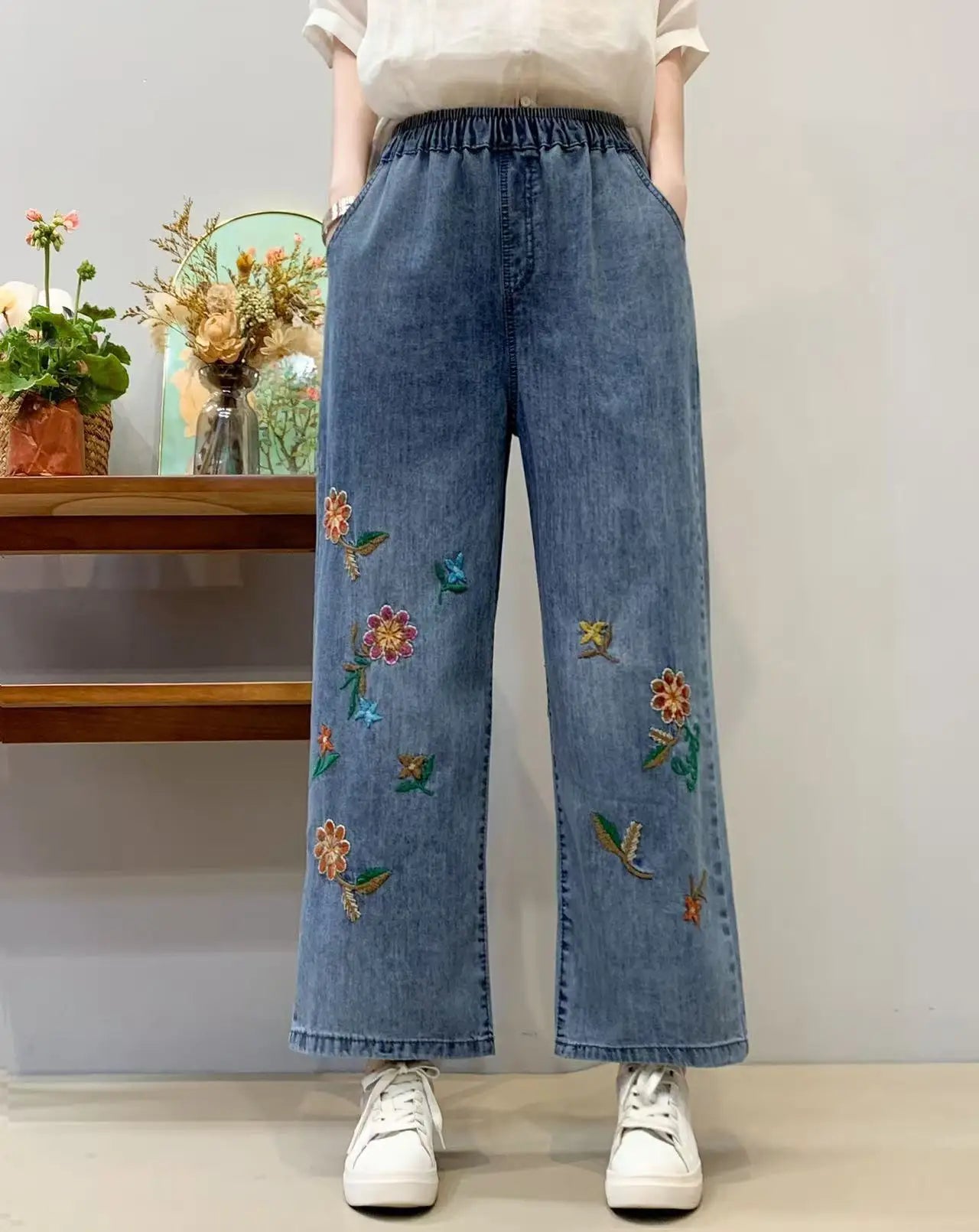 Spring Summer Ethnic Style Vintage Floral Embroidery Denim Wide Leg Pants Women High Elastic Waist Hole Casual Straight Jeans