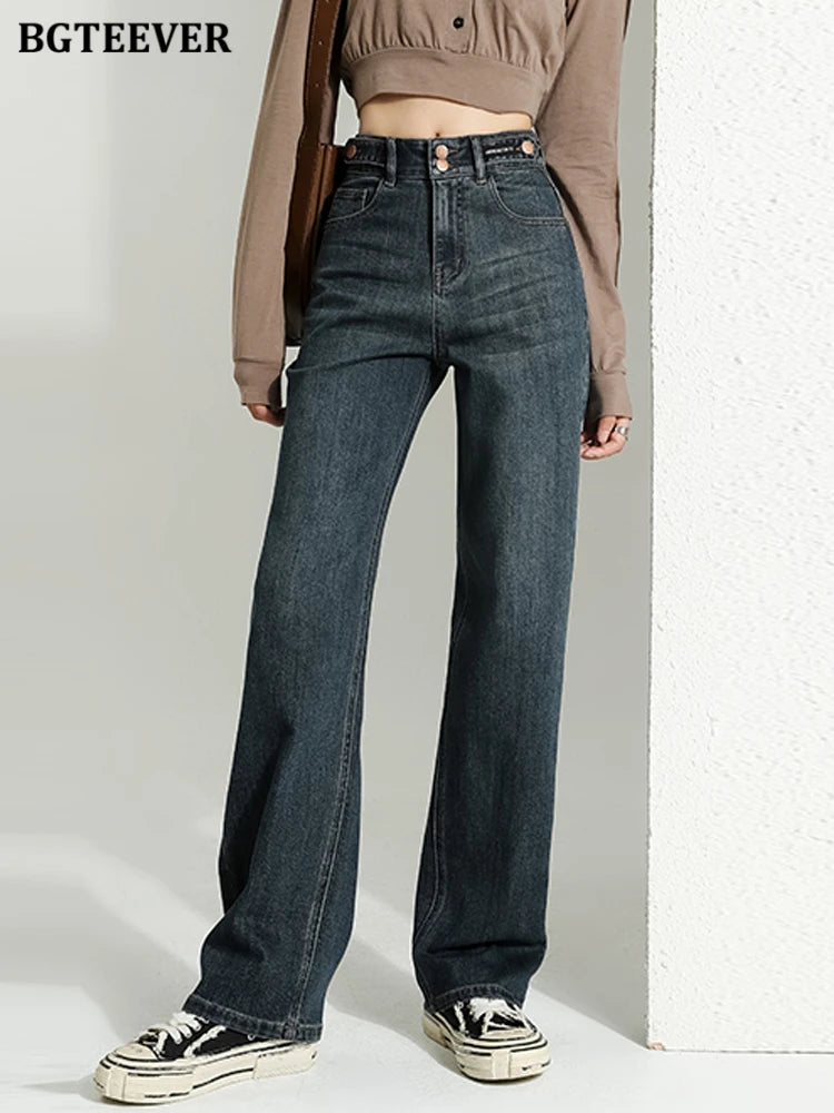 BGTEEVER Vintage Double Buttons Straight Jeans Pants Women Spring Autumn High Waist Loose Pockets Female Wide Leg Denim Trousers