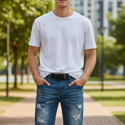 Blue denim shorts with plaid lining on a yellow background
