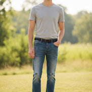 Blue denim shorts with plaid lining on a yellow background