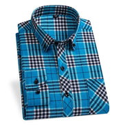 A folded long-sleeve button-down dress shirt with a blue, black, and white plaid pattern, displayed on a clean white background.