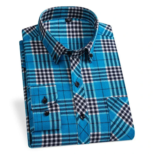 A folded long-sleeve button-down dress shirt with a blue, black, and white plaid pattern, displayed on a clean white background.