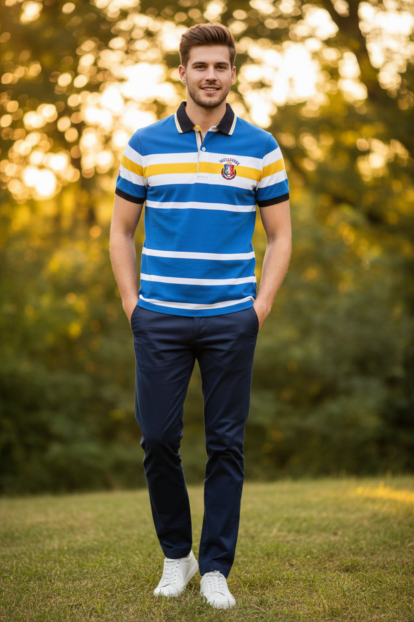 A short-sleeve polo shirt with horizontal blue, white, and yellow stripes, featuring a black and yellow collar, a polo button closure, and the TACE&SHARK brand logo embroidered on the left chest. The shirt is displayed on a solid white background with a TACE&SHARK brand logo overlay in the top-left corner.