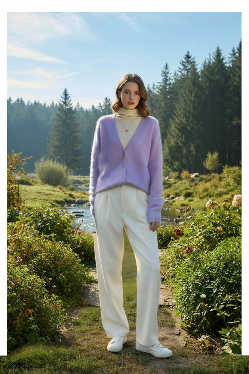 A person wearing a soft fuzzy lavender cardigan over a cream turtleneck 