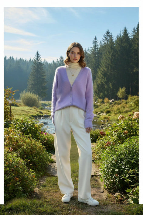 A person wearing a soft fuzzy lavender cardigan over a cream turtleneck 