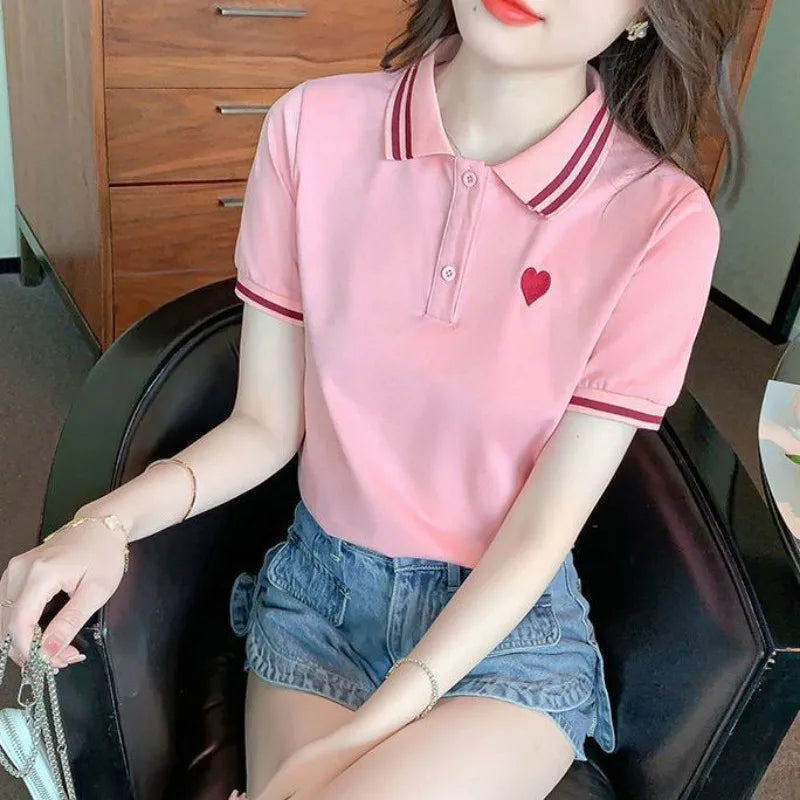 Polo Neck Shirt for Women100℅ Cotton  Woman T Embroidery Button Graphic Slim Korean Clothing Trend 2025 Youthful Elegant Style