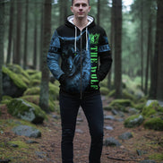 Black hoodie with a wolf design and 'The Wolf' text on a white background