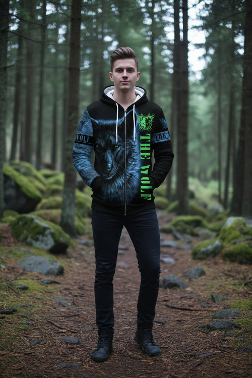 Black hoodie with a wolf design and 'The Wolf' text on a white background