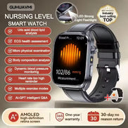 Smartwatch with features listed on a beige background