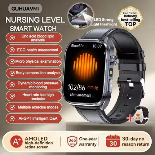 Smartwatch with features listed on a beige background
