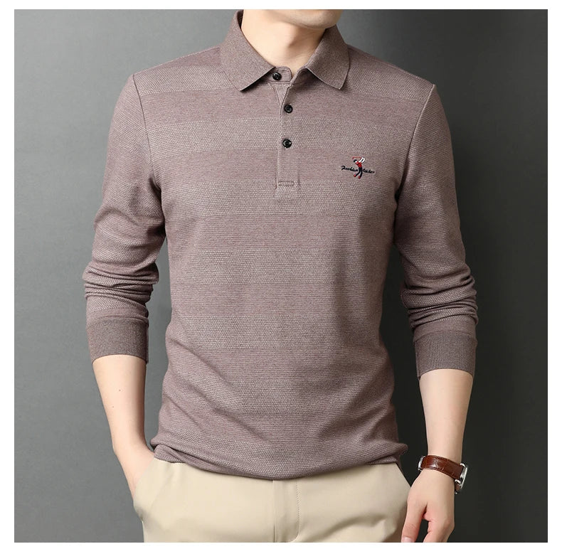 2025 High End New Fashion Brand Striped Designer Embroidery Casual Turn Down Collar Long Sleeve Polo Shirts Men Tops Men Clothes
