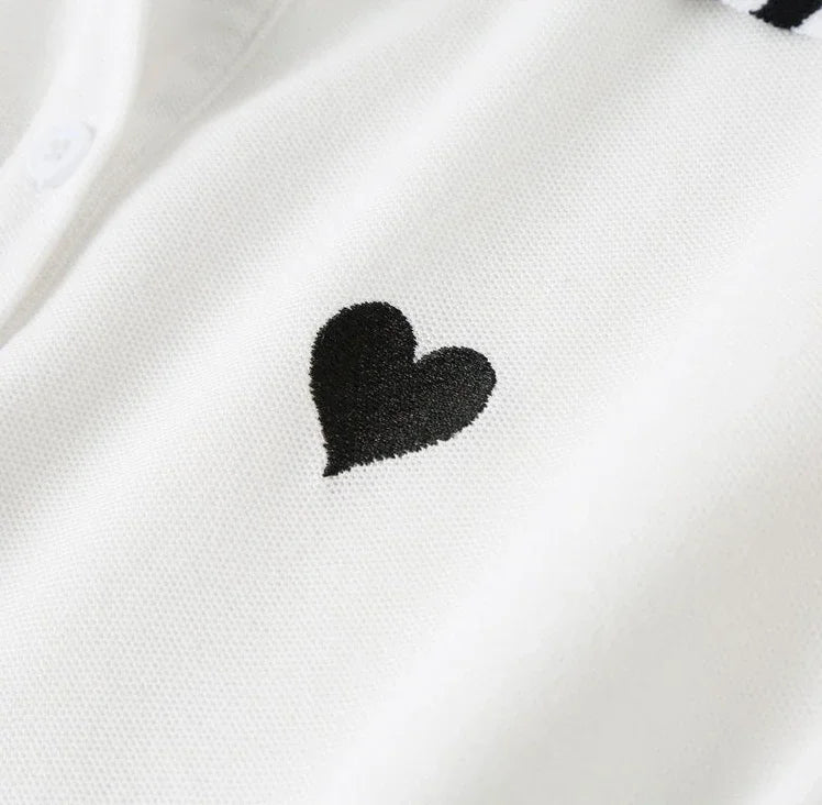Polo Neck Shirt for Women Button 100℅ Cotton White Embroidery Baggy Woman T Pulovers High Quality Korean Popular Clothes Youth