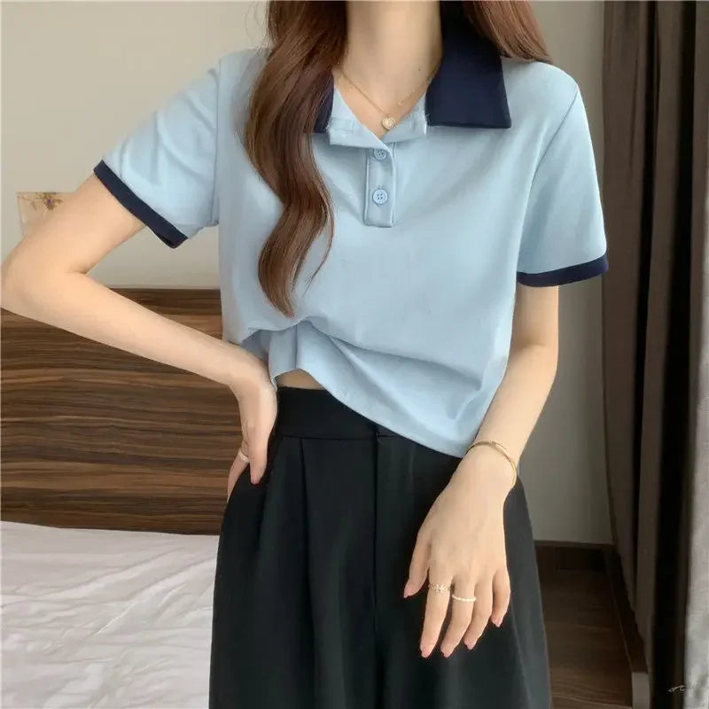 Plain Female Tee Slim Women's Polo Shirts T-shirts Short Sleeve T-shirt in Trend 2025 Youthful Clothes Korean Clothing Elegant