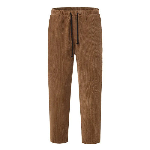 A pair of brown corduroy pants with an elastic waistband and a black drawstring, shown against a plain white background.
