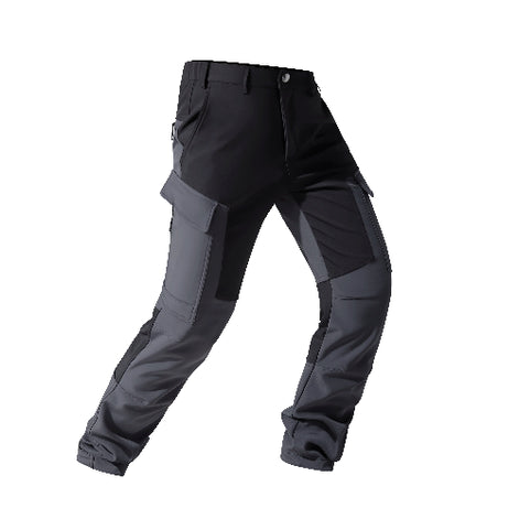 Black and gray cargo pants shown at an angle on a white background.