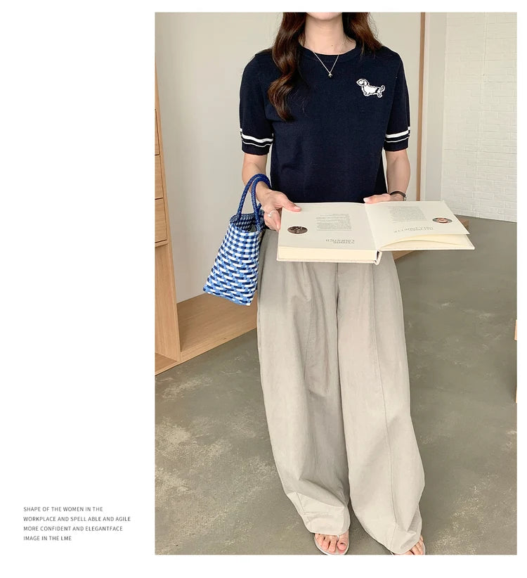 Summer 100% cotton women's T-shirt casual solid color knitted pullover short sleeved loose round neck Tees Pull embroidered Tops