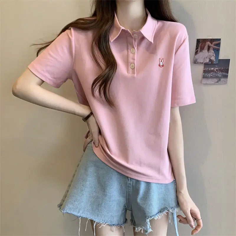 Pink Woman 100℅ Cotton Tshirt Embroidery Polo Neck T Shirt for Women Korean Clothing Y2k Fashion High Quality Youthful Elegant