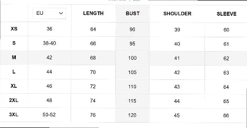 Women's jacket size chart for XS–3XL showing EU sizes and garment length, bust, shoulder and sleeve measurements in centimeters