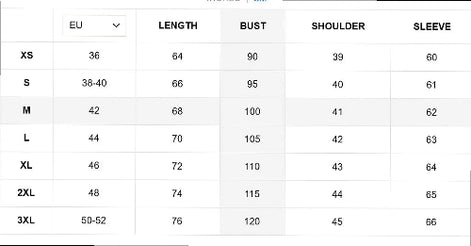 Women's jacket size chart for XS–3XL showing EU sizes and garment length, bust, shoulder and sleeve measurements in centimeters