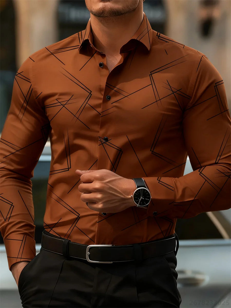 Men's Slim Fit Long-Sleeved Geometric Line Print Shirt - Non-Iron