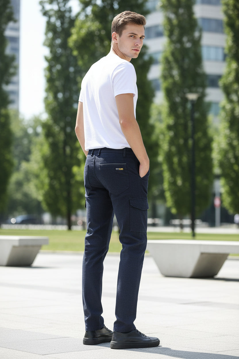 Navy blue men's trousers worn by a person on a gray background