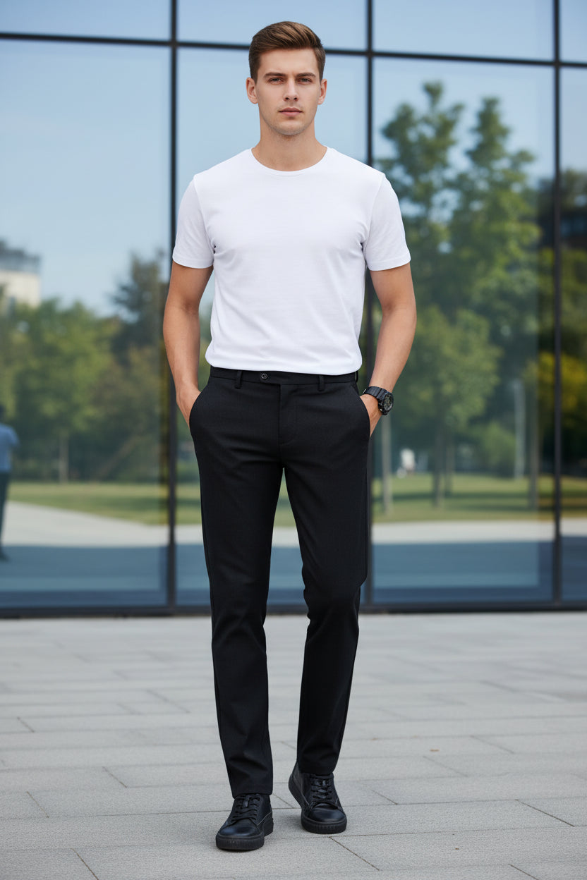 Person wearing black trousers on a gray background