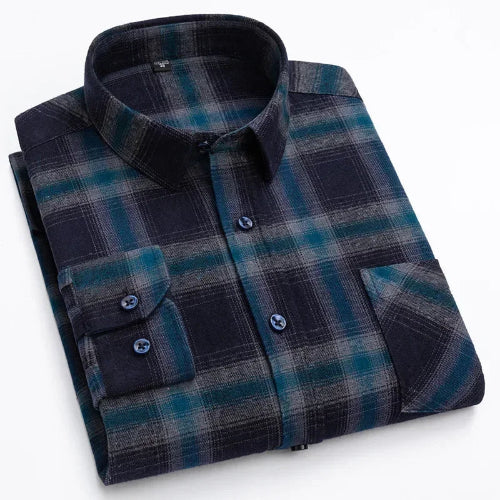 A folded long-sleeve plaid button-up shirt in navy, teal, and gray, shown on a clean white background.