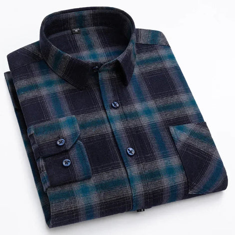 A folded long-sleeve plaid button-up shirt in navy, teal, and gray, shown on a clean white background.