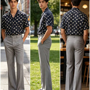 A three-panel lifestyle photo of a man modeling a short-sleeve button-up shirt and wide-leg trousers. 