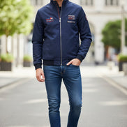 Blue jacket with brand logo on a white background