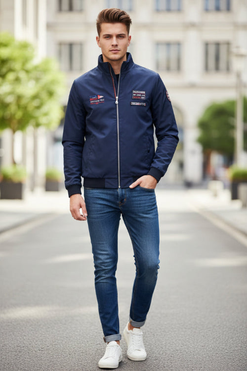 Blue jacket with brand logo on a white background