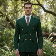 Green suit with gold buttons on a light gray background