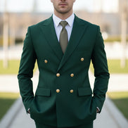 Green suit with gold buttons on a light gray background