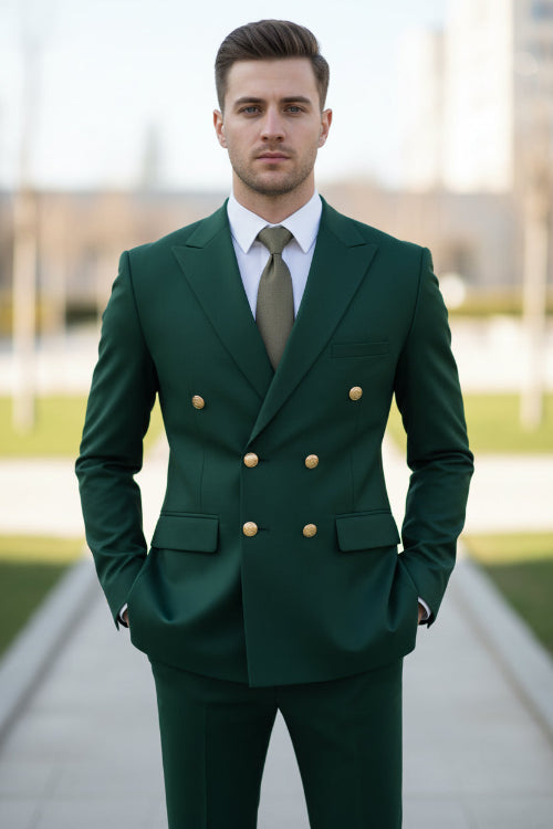 Green suit with gold buttons on a light gray background