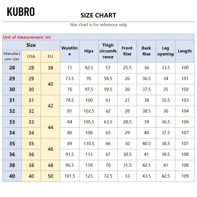 Kubro size chart for pants with measurements in centimeters