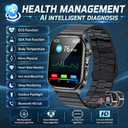 Black smartwatch with a metallic link band, shown on a dark blue promotional background 