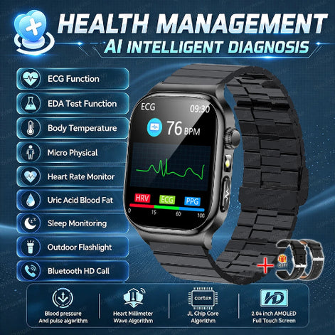 Black smartwatch with a metallic link band, shown on a dark blue promotional background 