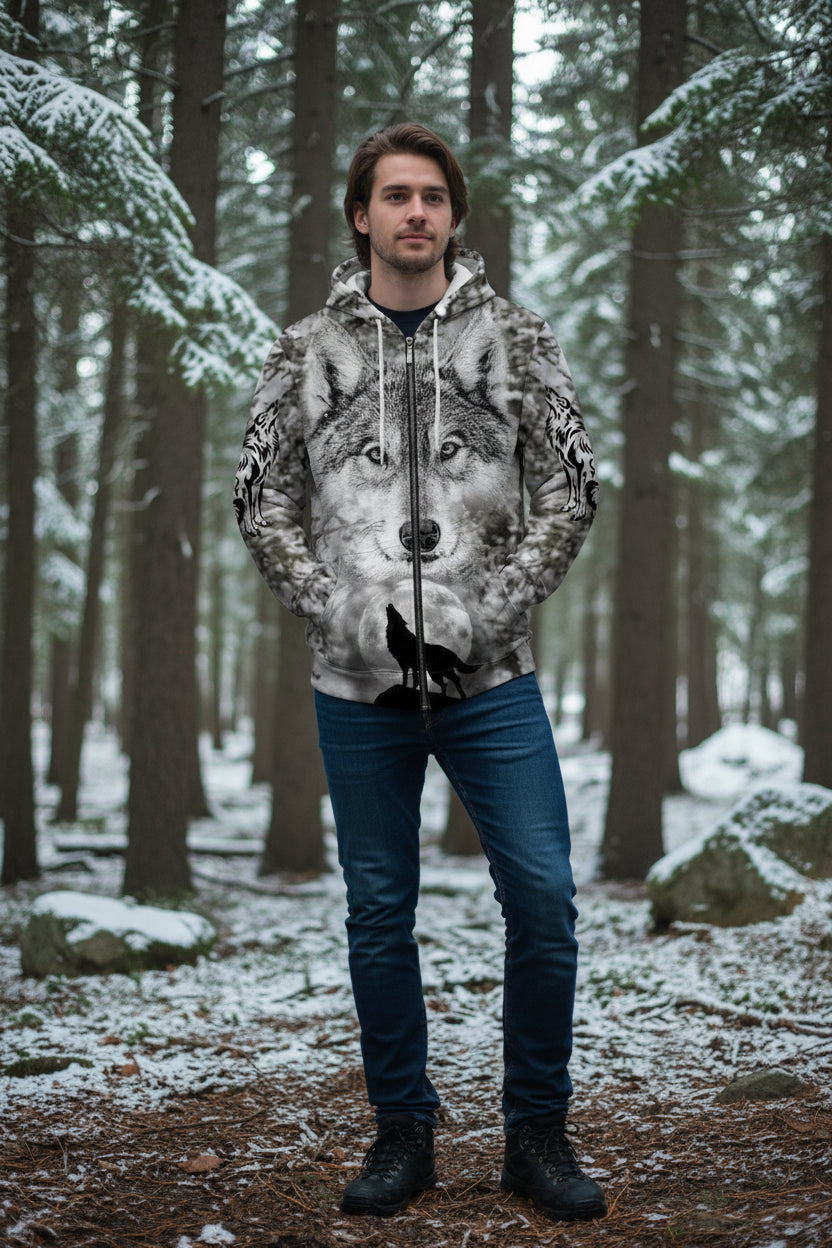 Hoodie with wolf design on a white background
