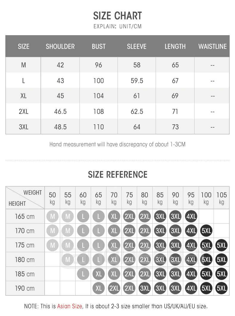 Size chart and reference chart for clothing measurements and weight-height chart.