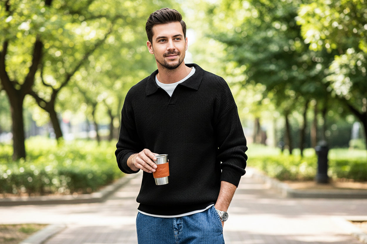 Man wearing a black sweater holding a coffee cup in an indoor setting