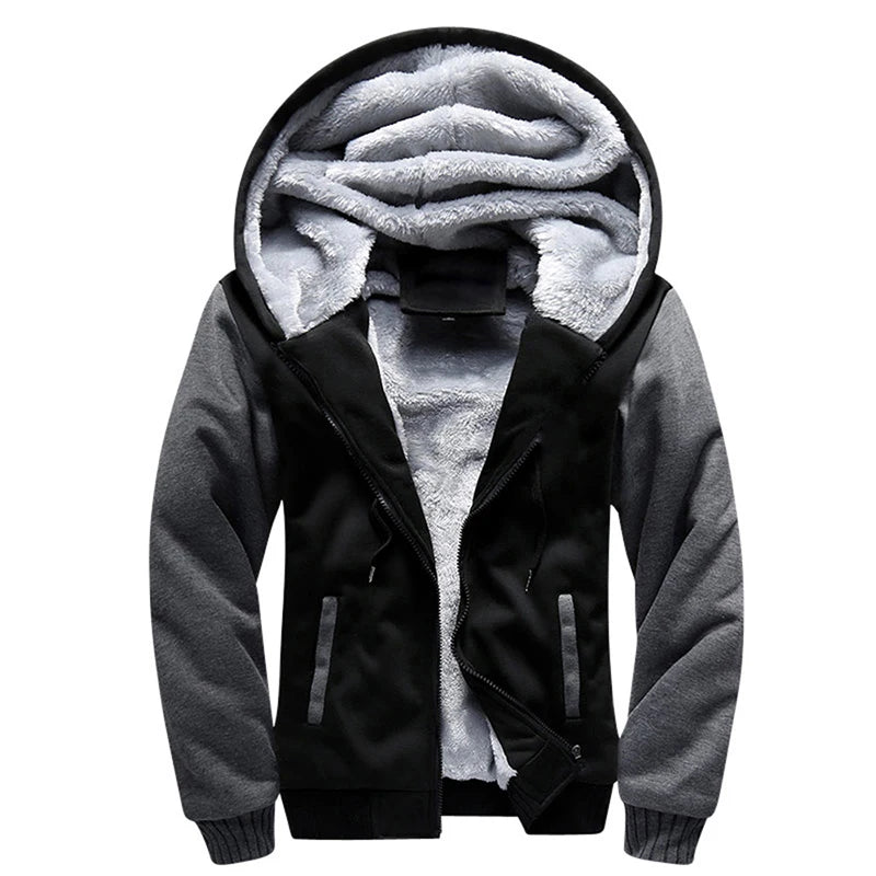 Black and gray hoodie with fleece lining on a white background