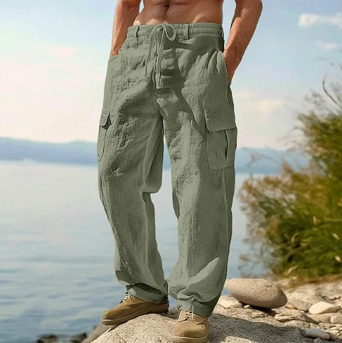 2026 New Amazon European and American men's linen solid color casual suit pants new fashion beach wide-leg trousers