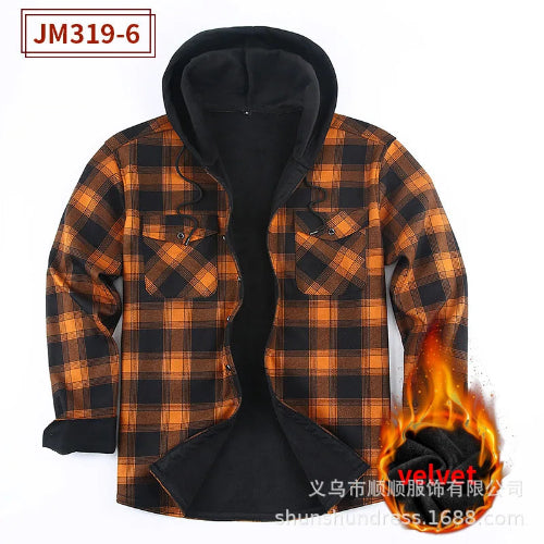 A men's hooded flannel shirt jacket in a black and orange plaid pattern, shown open to reveal a black velvet lining. Features two chest pockets, a hood, 