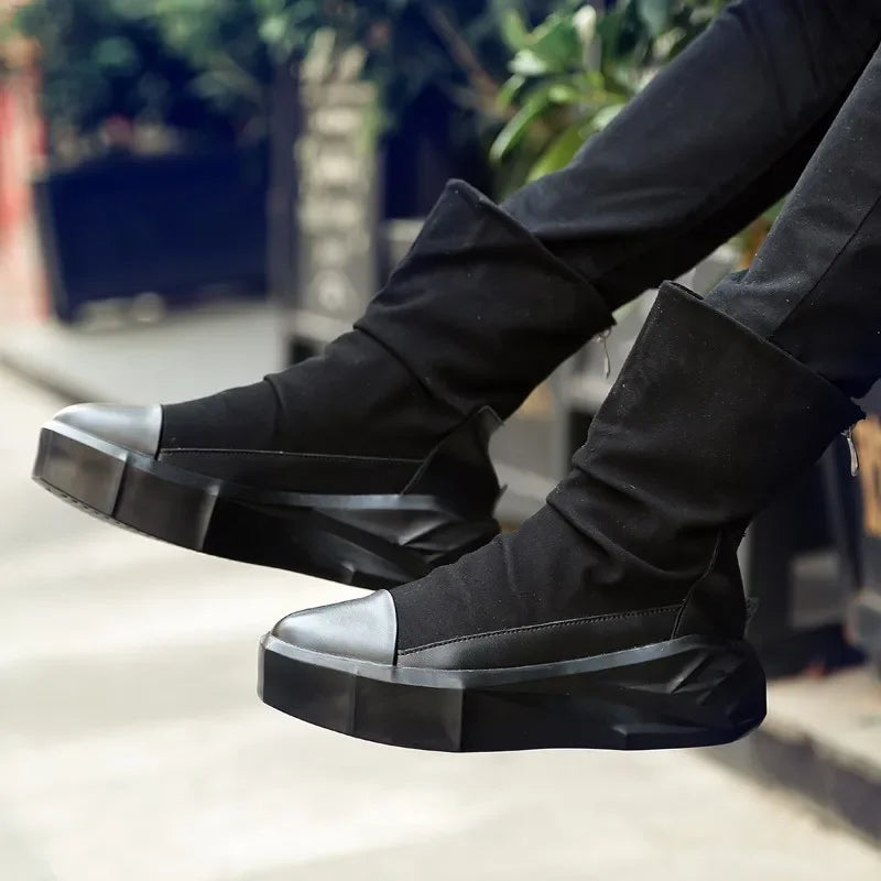 Men 6 cm Height Increasing Platform Boots Back Zip Leather Shoes Male Mixed Colors Y3 High Top Black White Men's Boots