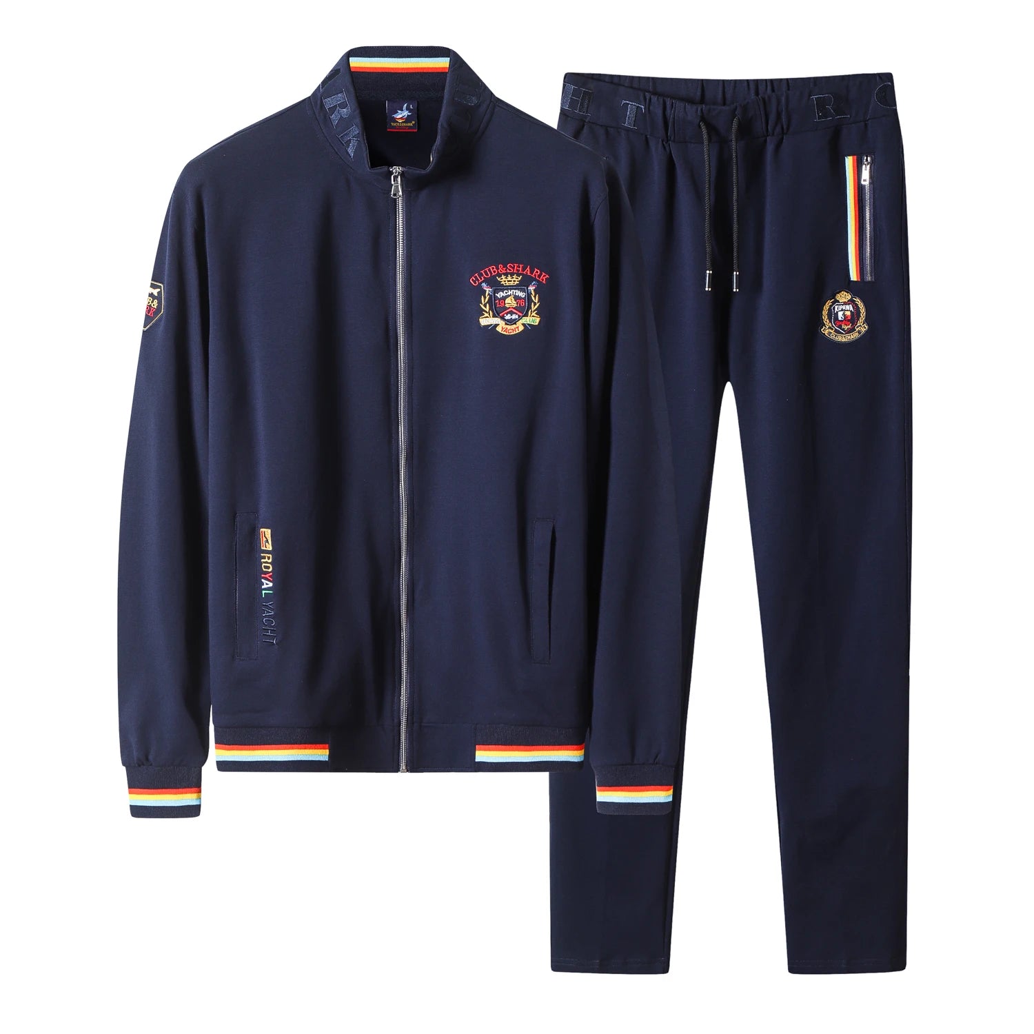 A two-piece navy blue tracksuit set featuring a zip-up jacket and matching pants. The jacket and pants have red, yellow, and white striped accents at the cuffs, hem, and waistband.