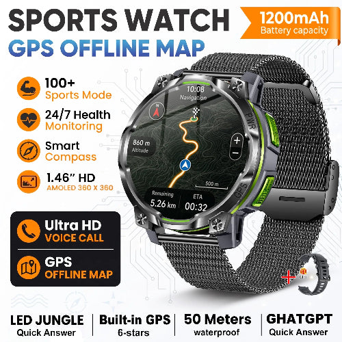 A rugged sports watch with a dark gray mesh strap and black bezel, shown on a white background with promotional text and feature icons. 